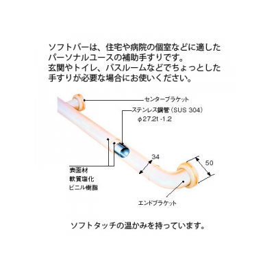 三栄水栓製作所 ソフトバー 手すり 介護保険適用対象商品 取付ビス付 長さ:350mm  W58-350 画像2