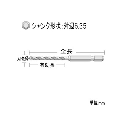 ユニカ 充電振動ドリルビット BJタイプ 振動+回転用 刃先径3.2mm シャンクサイズ:対辺6.35mm  BJ3.2X90 画像2