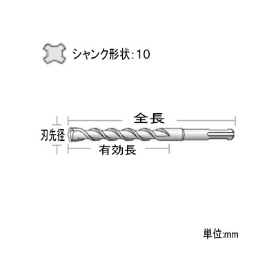 ユニカ チッピトップビット TTタイプ(SDS-plus) 打撃+回転用 刃先径3.8mm 全長110mm シャンクサイズ10mm  TT3.8X110BP 画像2